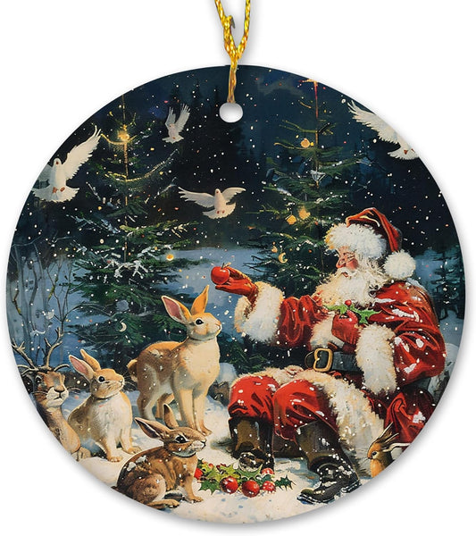 Vintage Christmas Santa Bunny Ceramic Ornament Gifts, Retro Rustic Winter Santa Bunny Decorative Hanging Ornaments for Xmas Tree Holiday Party Decoration, Winter Xmas Tree Decorations