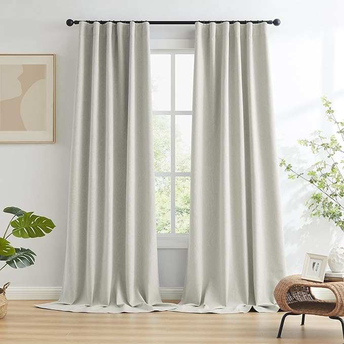 KEQIAOSUOCAI Linen Blackout Curtain Panels, Boho Country Cooling Warming Completely Blackout 72 inch Drop Thermal Insulated Draperies,Hook Belt Back Tab, 2 Panels Set, 50 by 72 Inch, Greyish Beige