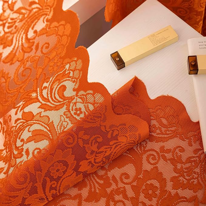 ALIGOGO Burnt Orange Curtains 72 Inch Length for Bedroom, Elegant Semi Sheer Lace Floral Drapes, Rust Boho Rod Pocket Privacy Terracotta Curtains 2 Panels, 52 x 72 Inch, Orange