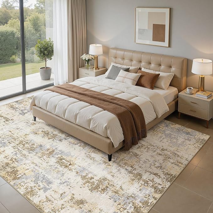 Area Rugs 8x10 Living Room: Washable Large Abstract Modern Neutral Soft Rug Stain Resistant Non-Slip Backing Carpet for Bedroom Dining Room Indoor Nursery Dorm Home Office Decor - Brown