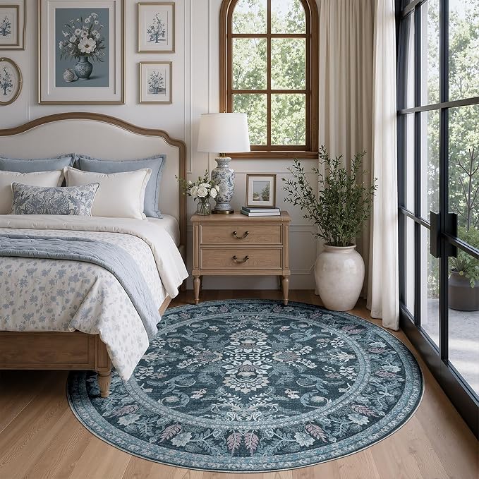 DCX Washable Blue 4x4 Rug Botanical Floral Rugs Soft Non-Slip Low-Pile Stain-Resistant Round Carpet for High-Traffic Areas Bedroom Bathroom