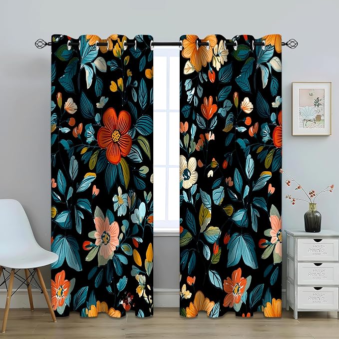 iTapnoom Black Blue Leaves Floral Blackout Curtain, Flowers Aesthetic Art Curtains Darkening Thermal Insulated Grommet Window Drapes for Living Room Bedroom Decor 2 Panels 52x84 Inches