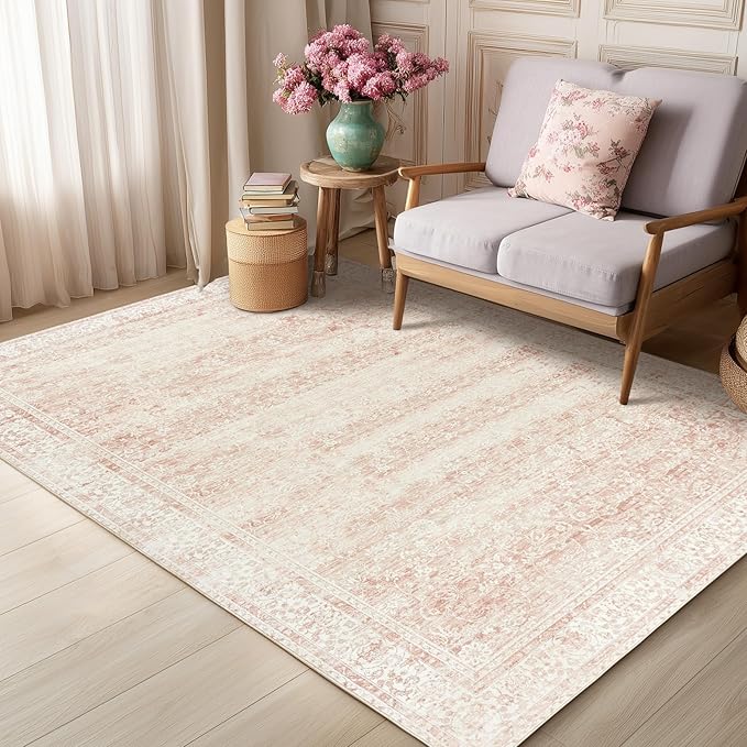 Pink Nursery Rug for Baby Girl 5 x 7 Neutral Blush Pink Boho Cute Floral Foldable Machine Washable Low Pile Soft Surface Carpet Area Rugs for Living Room Bedroom Dorm Kids Playroom,5x7