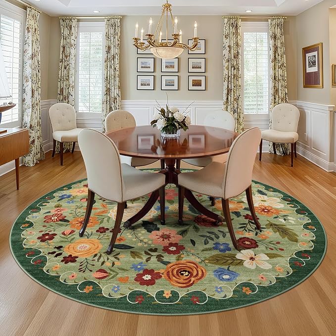 6ft Round Machine Washable Area Rug for Living Room, Light Green Vintage Boho Floral Rug Non-Slip Low Pile Soft Faux Wool Carpet Kids and Pets Friendly for Bedroom Nursery Farmhouse Home Decor Rug