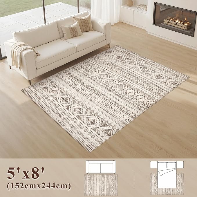 cotiled 5x8 Area Rugs Living Room Rug: Washable Boho Rugs with Non Slip Backing Large Soft Indoor Stain Resistant Carpet for Bedroom Farmhouse Dining Room Lightweight Home Decor Dark Brown