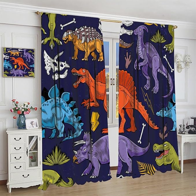 Dinosaur Curtains Cartoon Dino Ancient Jungle Forest Wildlife Animal Theme Art Printed Window Drapes for Boys Girls Children Nursery Bedroom Decor Fabric Set 2 Panel 52x84 Inch 80% Shading Rate