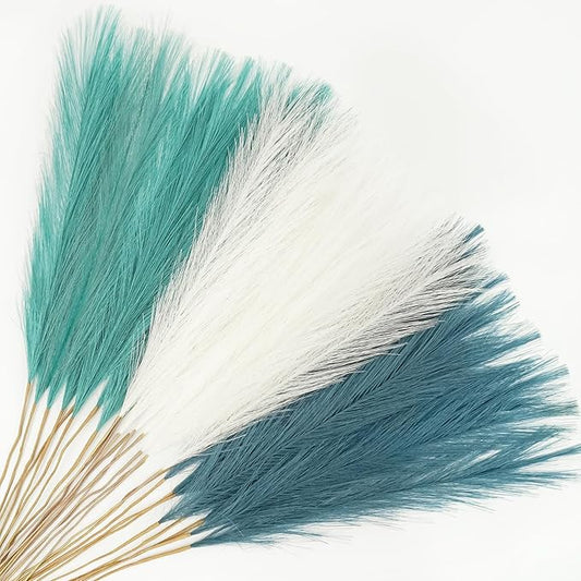 Agusbagli 150pcs Teal Blue Faux Pampas Grass, 21.6in Fluffy Artificial Colored Pompas Grass Short Blush Fake Pampas Stems Vase Filler Flower Arrangement for Home Wedding Centerpieces Boho Decor