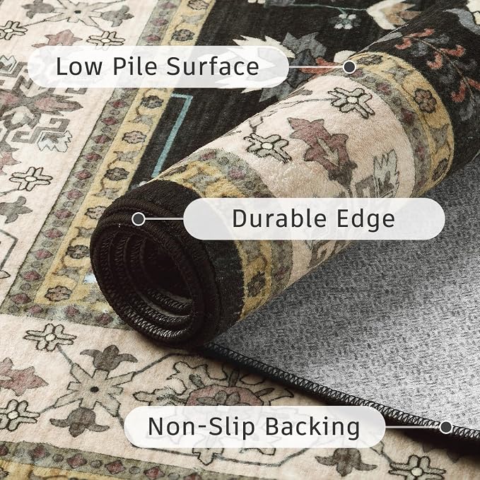DCX Black Boho 5x7 Area Rugs, Machine Washable Non Slip Geometric Floral Rug, Stain Resistant Low Pile Soft Rug for Living Room, Bedroom, Nursery, Playroom