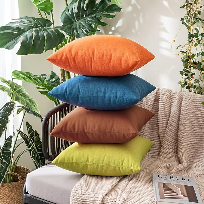MIULEE Pack of 2 Decorative Outdoor Solid Waterproof Throw Pillow Covers Euro Sham Faux Linen Garden Farmhouse Cushion Cases for Summer Patio Tent Balcony Couch Sofa 24x24 Inch Orange