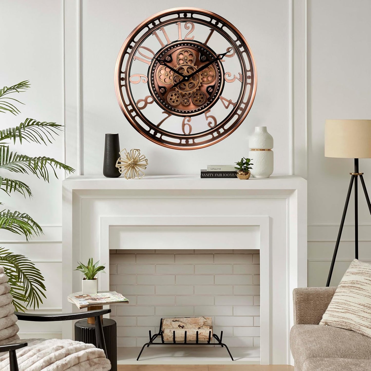 CLXEAST 21 Inch Moving Gear Wall Clock for Modern Farmhouse Living Room Decor,Large Industrial Steampunk Wall Clock for Home Office,Metal Copper Finished,House Warming Gifts New Home
