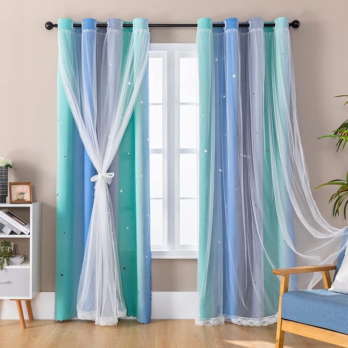 XiDi Dream Star Blackout Curtains for Kids Rooms Girl Princess Curtain for Daughter Bedroom Window (Blue Green Grey, W34 X L72)
