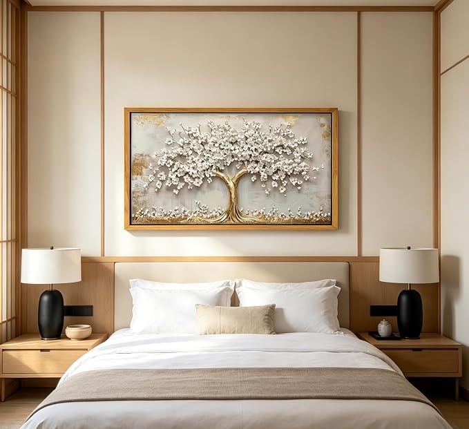 Framed 3D Texture Large Tree of Life Canvas Wall Art Gold and White Flower Big Tree Painting Picture Wall Decor Botanical Floral Poster Print Artwork for Living Room Dining Bedroom