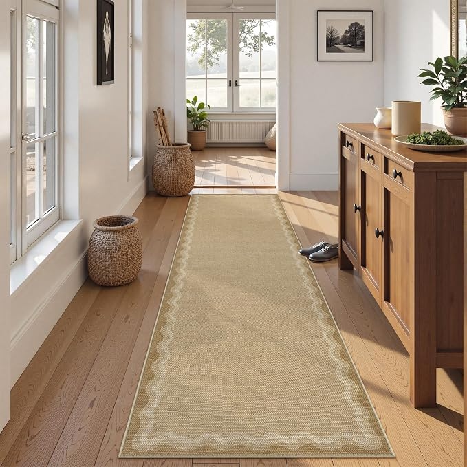 LIVEBOX Scalloped Washable 2x8 Kitchen Runner Rug, Easy Jute Geometric Tan Rug for Hallway Runner Entryway, Indoor Outdoor Non Slip Rugs Farmhouse Modern Carpet Door Mat for Porch Laundry Room