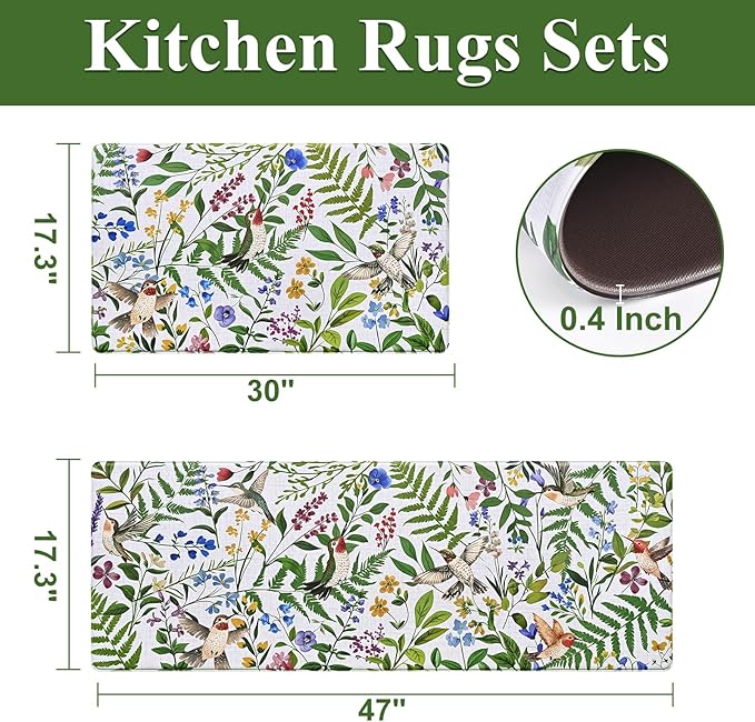 Yinhua White Kitchen Mats for Floor Sets of 2, Floral Anti Fatigue Mats for Kitchen Floor Rug Cushioned, Farmhouse Kitchen Rugs Non Slip, Bird Waterproof Mat for Laundry Office, 17.3"×30"+17.3"×47"