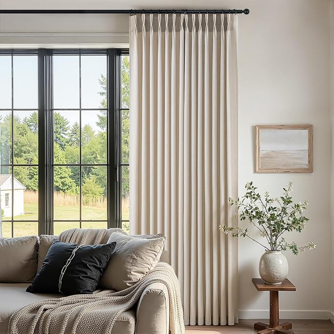Natural Pinch Pleated Curtains 84 Inch Length 2 Panels for Living Room Bedroom Linen Textured Semi Sheer Privacy Window Curtain Boho Neutral Back Tab Pinch Pleat Drape with Hooks Rings 84 Inches Long