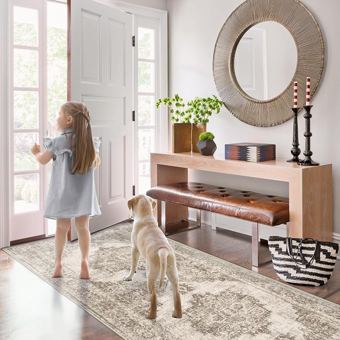 Area Rug 2x6 Runner Rugs: Washable Vintage Hallway Rug Indoor Medallion Rugs Low Pile Distressed Floor Carpet Retro Accent Rug for Kitchen Bedroom Bathroom Dining Room(Taupe, 2'x6')