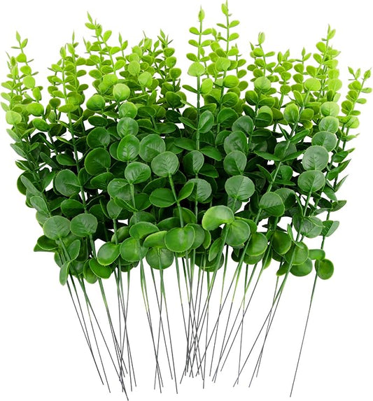 FEQO 36 Pcs Green Eucalyptus Stems Artificial Leaves Faux Eucalyptus Stems Branches 15 inch for Wedding Bouquet Home Decor