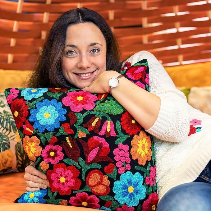HunnmingRe Mexican Embroidered Throw Pillow with Insert 18 x 18 Inch Mexican Boho Embroidered Pillow Cover Decorative Fiesta Colorful Floral Cushion Decor for Sofa Living Room Couch Bedroom(Black)