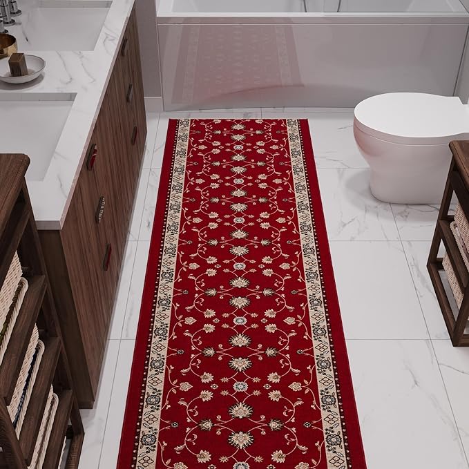 Ottomanson Aisle Runner Rug 1'10.5" x 40' – Soft Non-Slip Rug, Low Pile Carpet for Hallways, Events, Churches & Extra-Long Indoor Spaces, Mahal Red