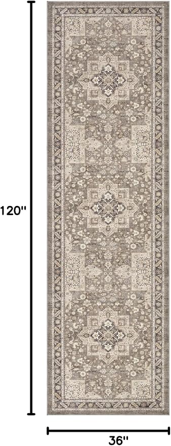 Vintage Hallway Runner Rug 3x10: Large Soft Washable Entryway for Kitchen Laundry Room Non-Slip Backing Runner for Entrance Living Room Bedroom Bathroom - Brown