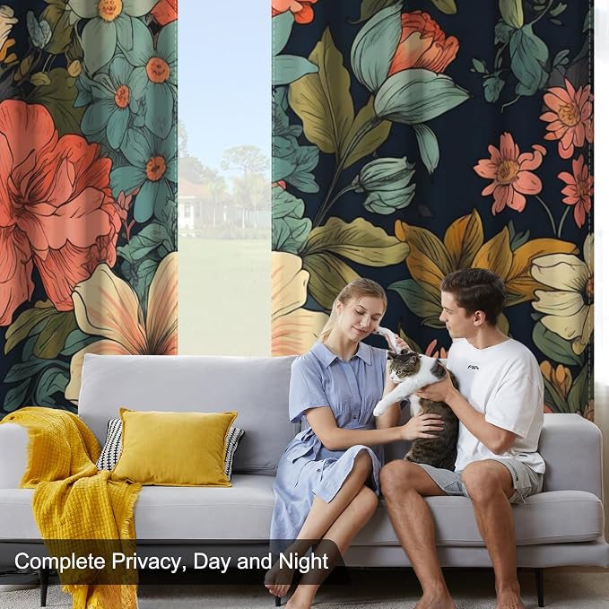Boho Floral Blackout Curtains for Bedroom and Living Room, Grommet Thermal Insulated Black Out Window Drapes with Curtain Tiebacks, Soundproof Privacy Patterned Curtains 84 Inch Long 2 Panels Set