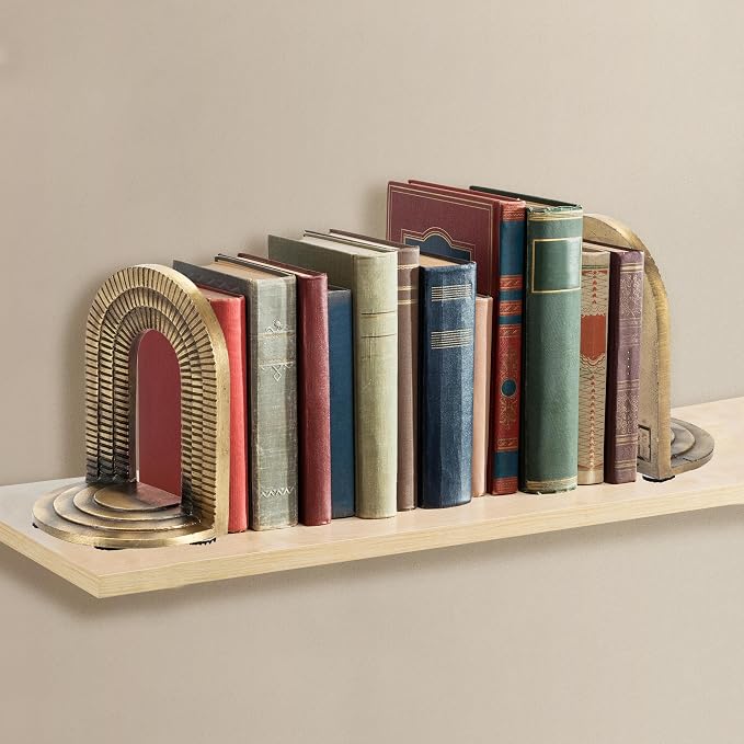 CRAFTSMAN ROAD Cast Iron Brick Arch Bookends Set, Antique Brass Book Ends, 2 Decorative Book Holders for Shelves or Bookcase, Stylish Brass, Non-Skid Anti-Slip Heavy Duty, Home Décor Gift