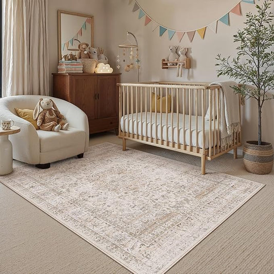 4x6 Washable Area Rug Beige Vintage Non Slip Soft Low Pile Rug for Entryway Kitchen Bathroom Distressed Oriental Throw Carpet for Living Room Bedroom Home Decor