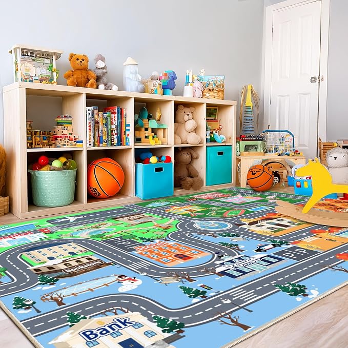 Car Rug Play Mat for Kids Toy Cars, 7' x 9' City Road Town Track Four Seasons Traffic Carpet, Non-Slip Washable Area Rug for Kids Room Bedroom Classroom Play Area, Fun Learning Carpet for Children
