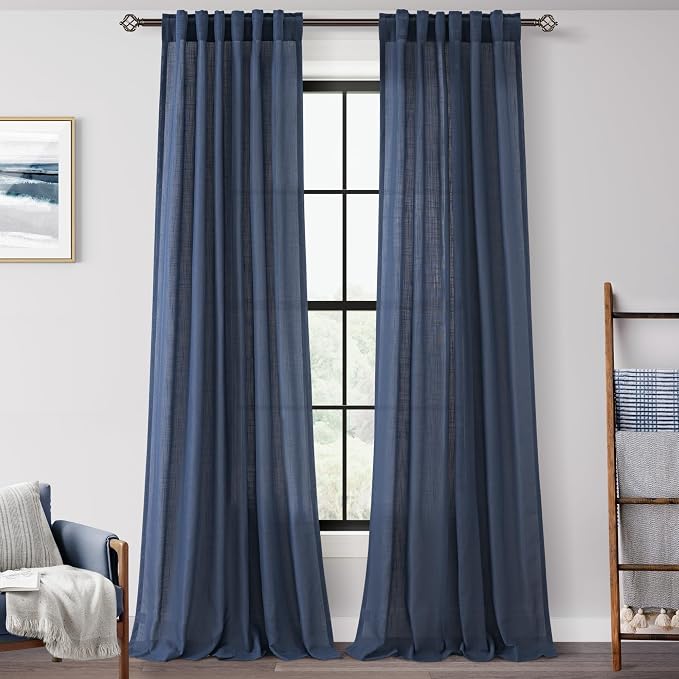 Navy Blue Curtains 120 inch Length for Bedroom Back Tab Light Filtering Semi Sheer Blue Living Room Curtains Linen Cotton Textured Indigo Blue Drapery Panel Modern Aesthetic Decor 42" Wx120" L