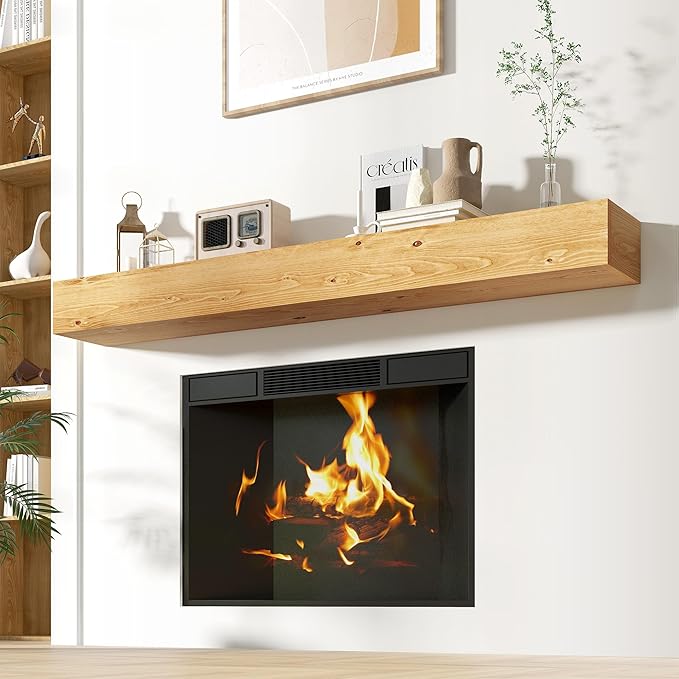 Acovy Floating Fireplace Mantel Shelves, 72x8x5 Inches Natural Wooden Floating Shelf for Over Fireplace, Wall-Mounted Mantel Shelf for Living Room and Home Decor, Rustic Natural