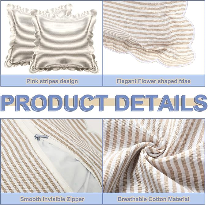 Newwiee 2 Pack Scalloped Pillow Cover 18 x 18 Inch Stripe Throw Pillow Cover Cotton Decorative Pillowcase for Women Men Couch Living Room Cushion Indoor Outdoor Decoration (Beige, Scalloped)
