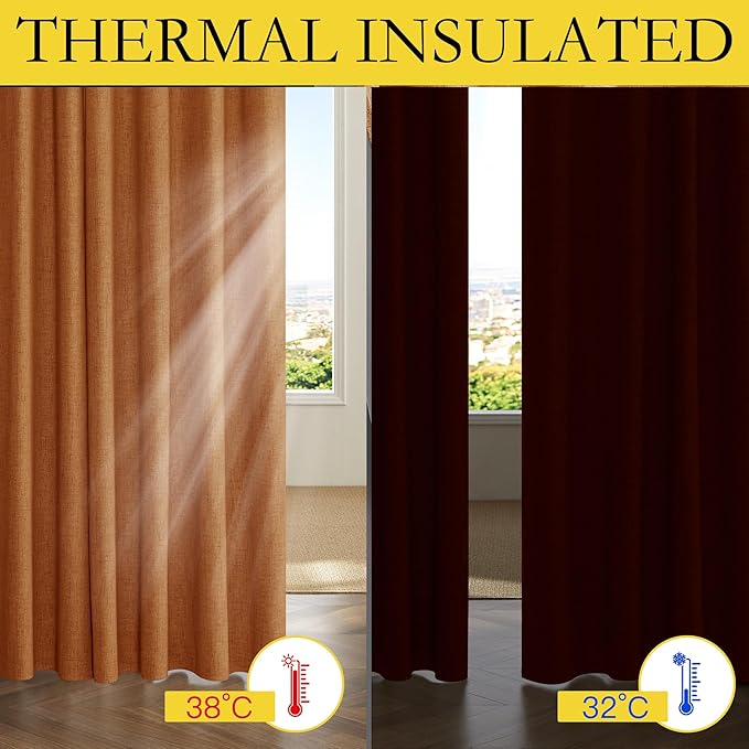 NICETOWN 100% Blackout Burnt Orange Curtains, W52 x L90 in, Thick Linen Blend Rod Pocket & Back Tab, Thermal Insulated Draperies with Grey Liner for Bedroom, Living Room(Set of 2, Pumpkin)