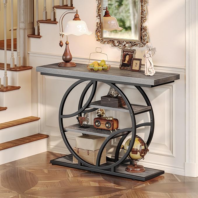 Huuger 41.3 Inch Entryway Table, Modern Console Sofa Table, Accent Table with Shelves, for Entry, Hallway, Entrance, Foyer, O-Shaped Metal Frame, Light Grey