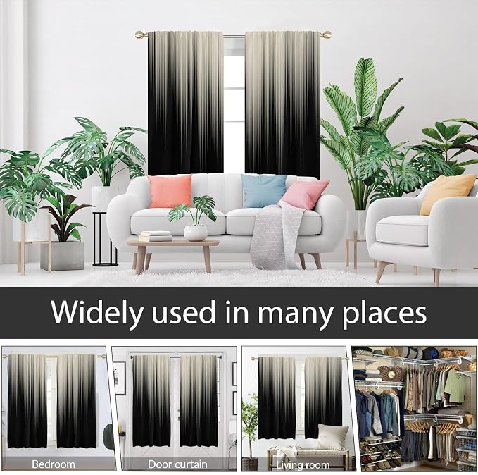 AAtter 100% Blackout Black Beige Window Curtains, Rod Pocket 42" W x 63" L | Dark Grey Ombre, Thermal Insulated Drapes, Modern Gothic Striped, Abstract Anime Style, 2 Panels Cool Bedroom Decor for Men