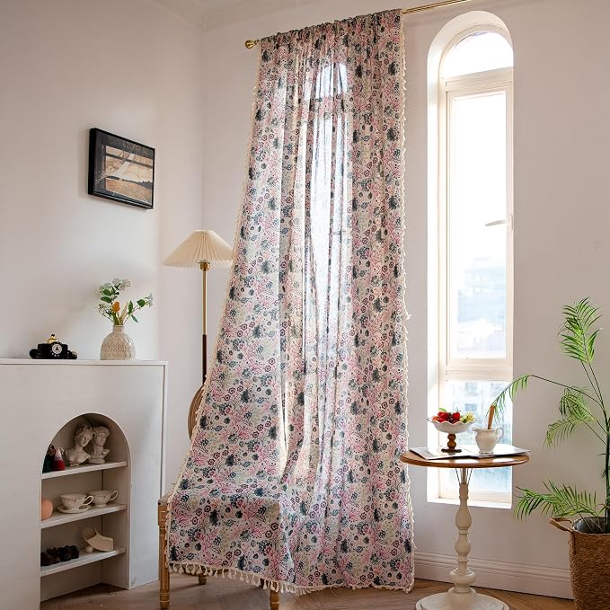 OYX Floral Curtains 84 Inch Length 2 Panels for Living Room, Bedroom Light Filtering Drapes, Farmhouse Vintage Country French Rustic Tassels Pattern Rod Pocket Aesthetic Decor Window Treatments