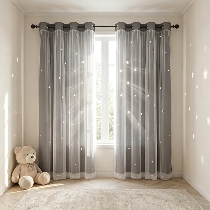 Kids Blackout Curtains for Bedroom/Living Room/Classroom, Sheer Overlay 2 Panel Set, Double Layer Curtains with Star Cutout for Kids Room(Each Piece W 70 x L 95 Inches 2 Pcs Grey)