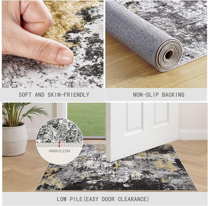 Abstract 2x3 Area Rug: Machine Washable Non Slip Ultra Thin Low-Pile Carpet, Soft Stain Resistant for Entryway Kitchen Bathroom, Kid Pet Friendly, Robot Vacuum Compatible - Black Gold
