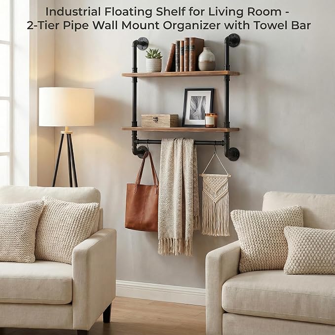 Industrial Pipe Shelving Bathroom Pipe Shelves with Towel Bar Over Toilet | 24 inch Pine Wood Floating Shelves for Wall Mounted Bedroom,Kitchen, Farmhouse, Living Room