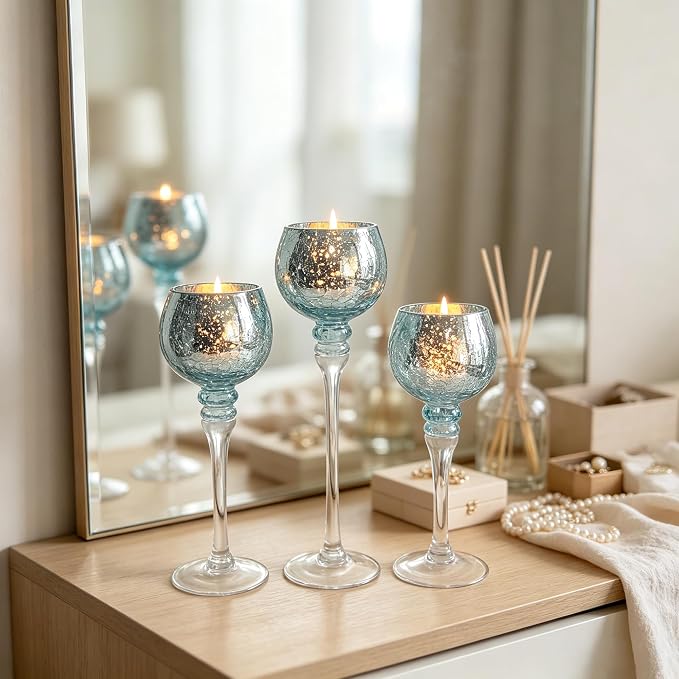 Hosley Elevate Ambiance with Set of 3 Crackle Blue Glass Tealight Holders 12 Inch, 10 Inch, 9 Inch Stylish Home Decor for Unique Candle Displays