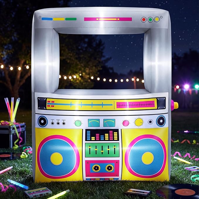 Soulchen 6 x 5 ft Inflatable Radio Boombox Decor with Built in LEDs Lighted and Air Blower, 80's 90's Party Decoration Blow up Giant Boombox for Hip Hop Birthday Disco Photo Props(Radio,Yellow)