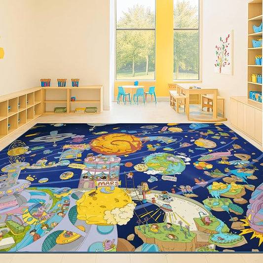 Hazo Haus Galaxy 8x10 Educational Kids Rug for Classroom – Interactive Solar System Design with Planets, Spaceships, Astronauts & Fun Characters – Perfect for STEM Learning & Creative Play Spaces