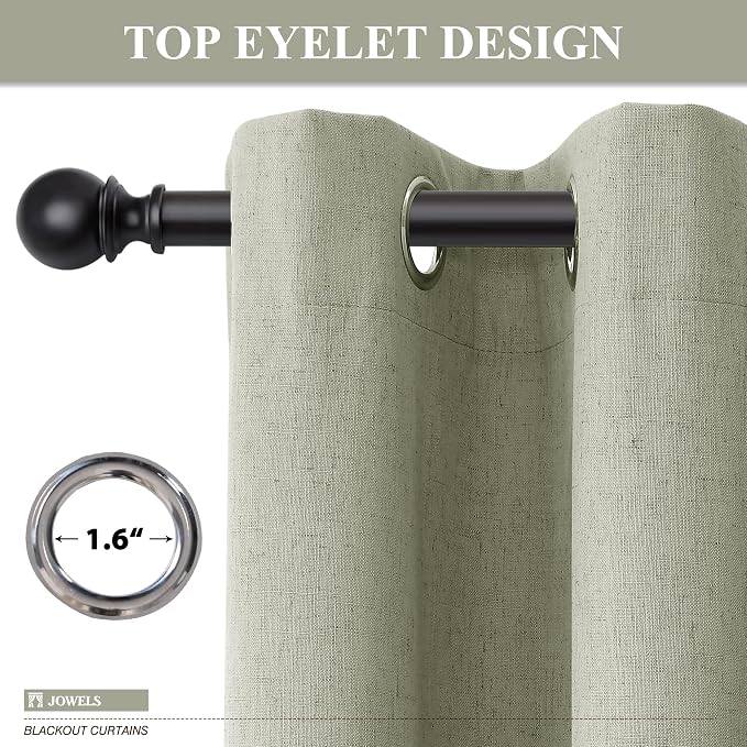Jowels Sage Green Linen Blackout Curtains 100 Length 2 Panels Set for Living Room Bedroom, 100% Black Out Thermal Insulated Linen Drapes, Room Darkening Grommet Curtains 100 Inches Long