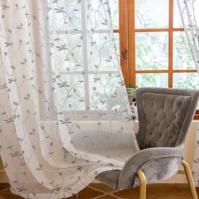 AmHoo 2 Panels Embroidered Leaf Pattern Semi Sheer Curtains Foliage Floral Voile Window Draperies Treatment for Bedroom Living Room Rod Pocket White Light Gray 53 x 95 Inch
