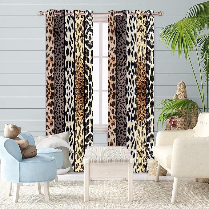 Wild Animal Print Curtain, Room Darkening Thermal Insulated Blackout Leopard Boa Window Drapes with Grommets for Living, Dining, Bedroom, Grey Leopard Print, 42"x 84", 2 Panels