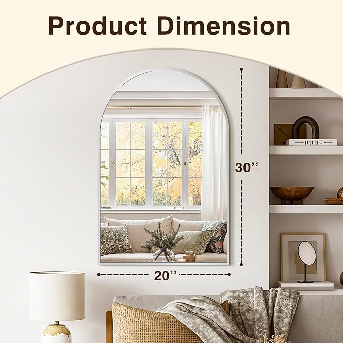 Bathroom Vanity Mirror for Wall, 30”x20” Arched Bathroom Mirror for Over Sink, Arched Metal Frame for Bedroom, Living Room, Entryway, Hanging or Leaning, Silver