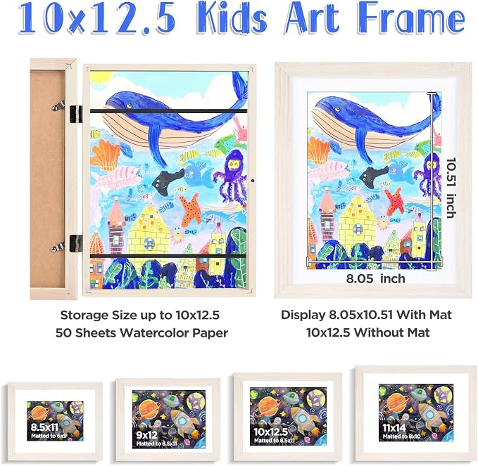 KINLINK 10x12.5 Kids Art Frame 2 Pack, Solid Wood Artwork Frames Changeable, Front Opening Hold 150 Pictures, Art Frames for Kids Artwork, 8.5x11 with Mat 10x12.5 without Mat, Picture Frames White Wood