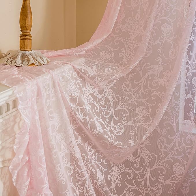 TUDECO Pink Lace Curtains 63 Inch Length - Cute Princess Short Girly Panels for Nursery Bedroom, Kawaii Ruffled Rod Pocket Privacy Princess Curtains, 59 x 63 Inch, Light Pink