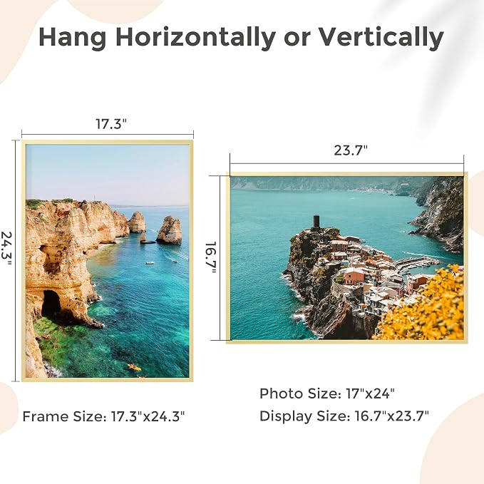 FLYJOE 17x24 Metal Picture Frame - Gold Aluminum Picture Frames with Real Glass, Wall Mounting Horizontally or Vertically, Diploma, Certificates and Decor for Wall Gallery 24x17 Frame, Gold