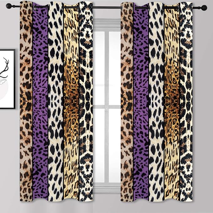 Wild Animal Print Curtain, Room Darkening Thermal Insulated Blackout Leopard Boa Window Drapes with Grommets for Living, Dining, Bedroom, Purple Leopard Print, 42"x 63", 2 Panels