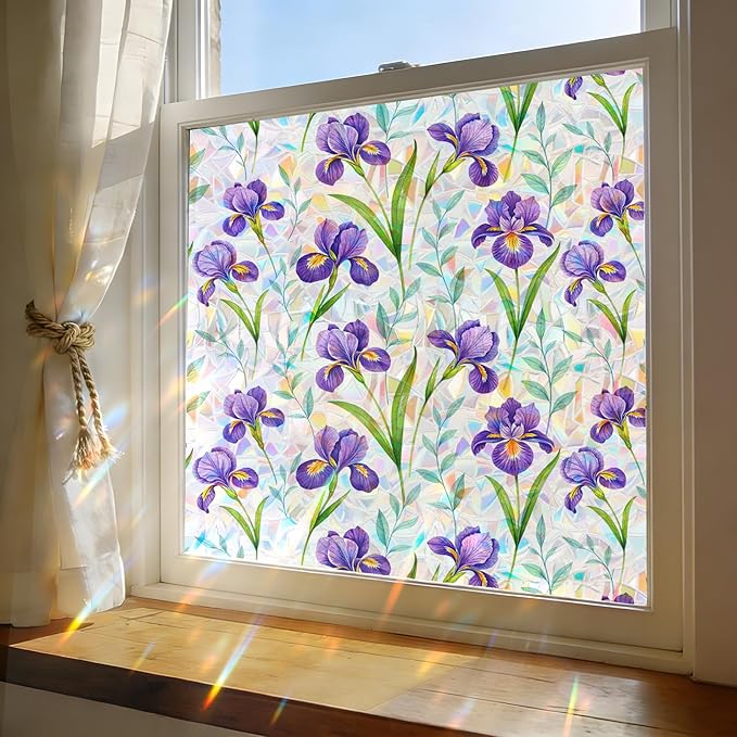 Stained Glass Window Film, Rainbow Privacy, One Way Decorative Tint, Static Cling, Renter Friendly for Home Bathroom Door